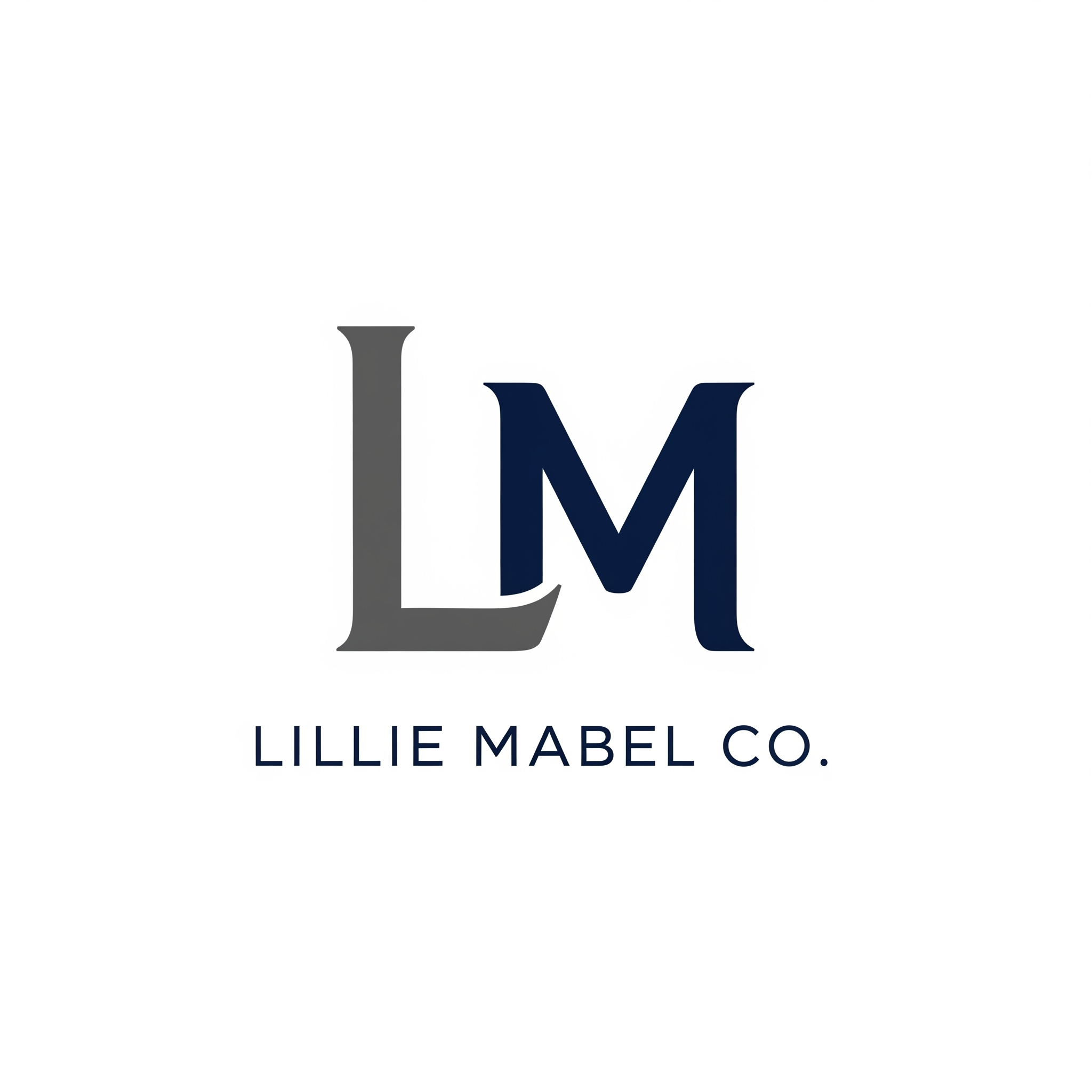 Logo for Lillie Mabel Co. with the initials L and M, where L is gray and M is navy blue, and the full company name written below in navy blue text.