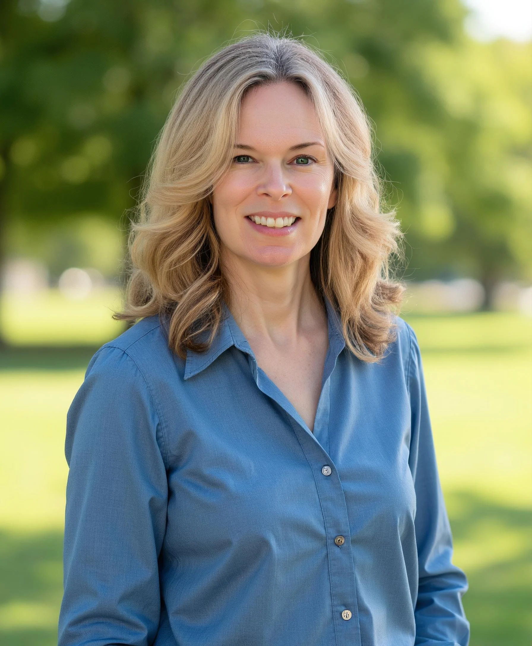 A headshot of Amy Woodman with shoulder-length blonde hair smiling outdoors, wearing a blue button-up shirt with a blurred green park background.