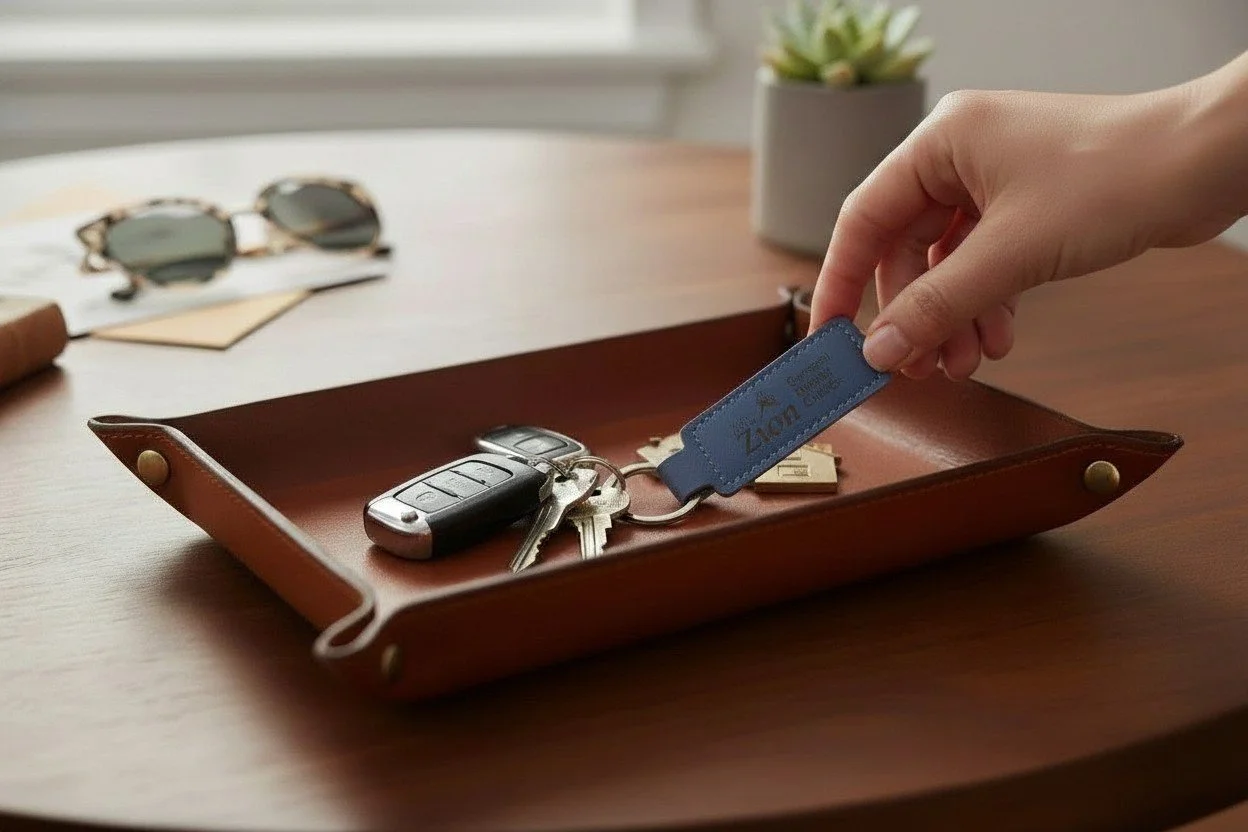 blue leather keyring in a leather tray.jpg