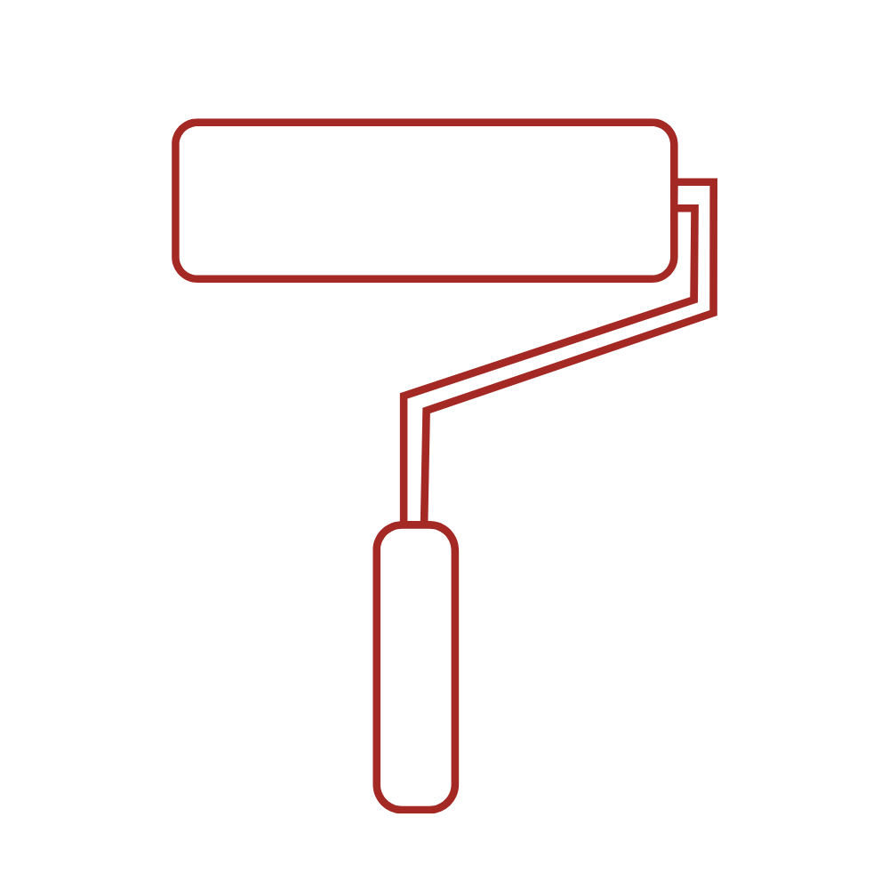 Outline illustration of a paint roller with a rectangular paint tray on top.