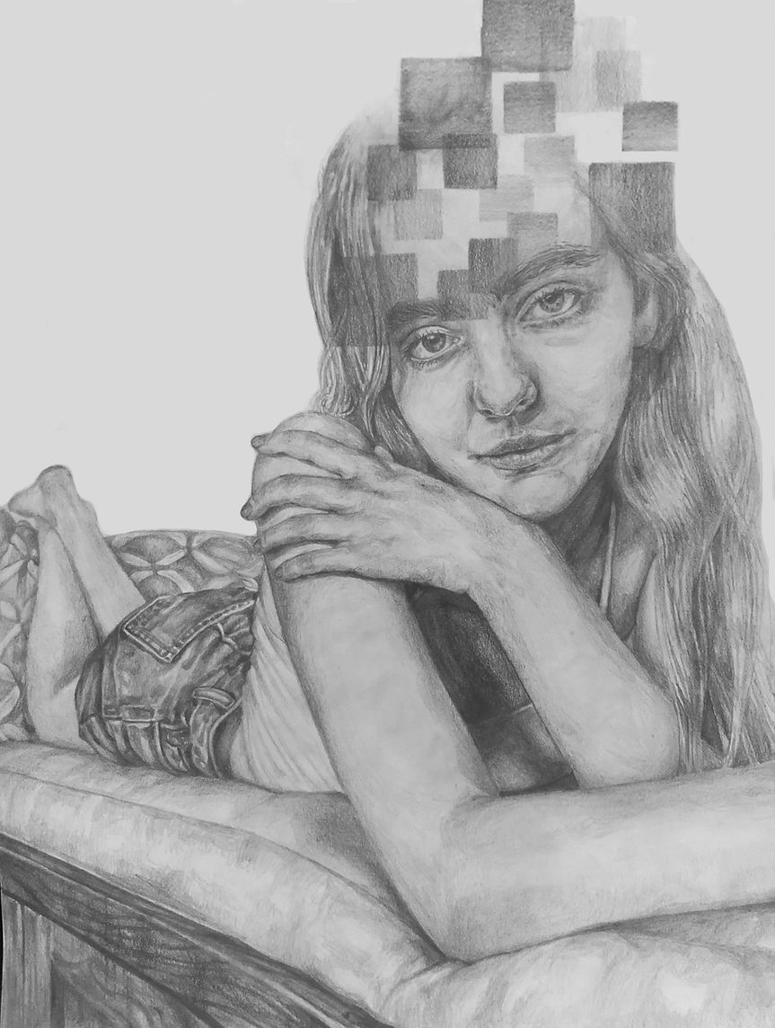 Becoming: "This self-portrait explores the power of thoughts and emotions to dictate our reality. The squares represent my thoughts as they either fade into the ether of my mind or darken and obscure my present reality. Their presence erases me, symb