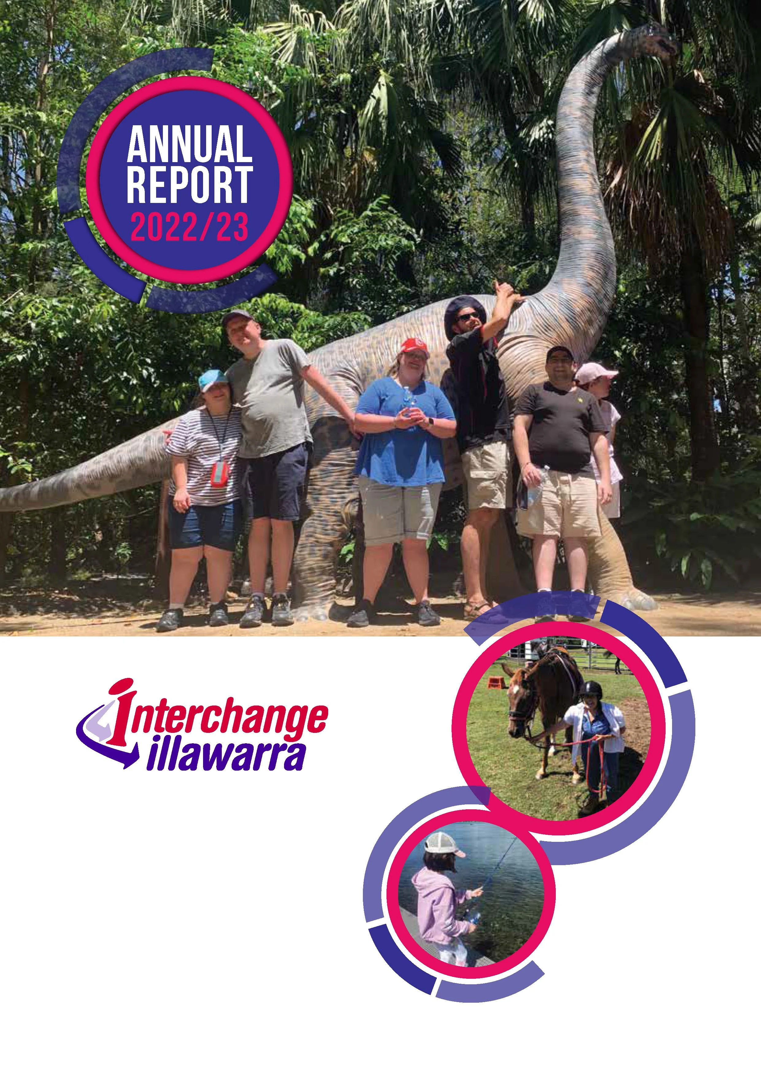 Cover of annual report, a group of participants in front of a dinosaur statue