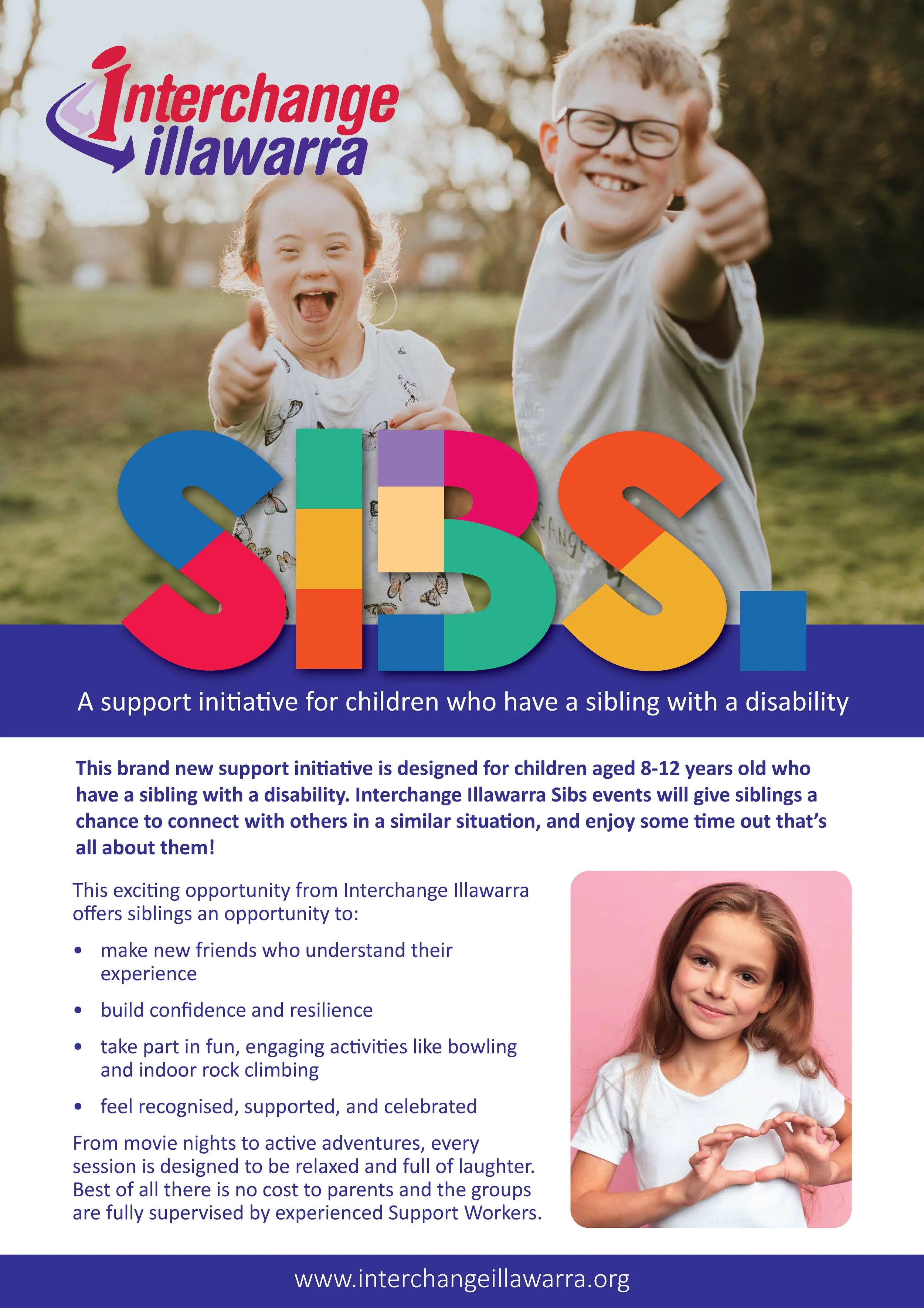Flyer for the Sibs Program featuring two children on the cover displaying thumbs up