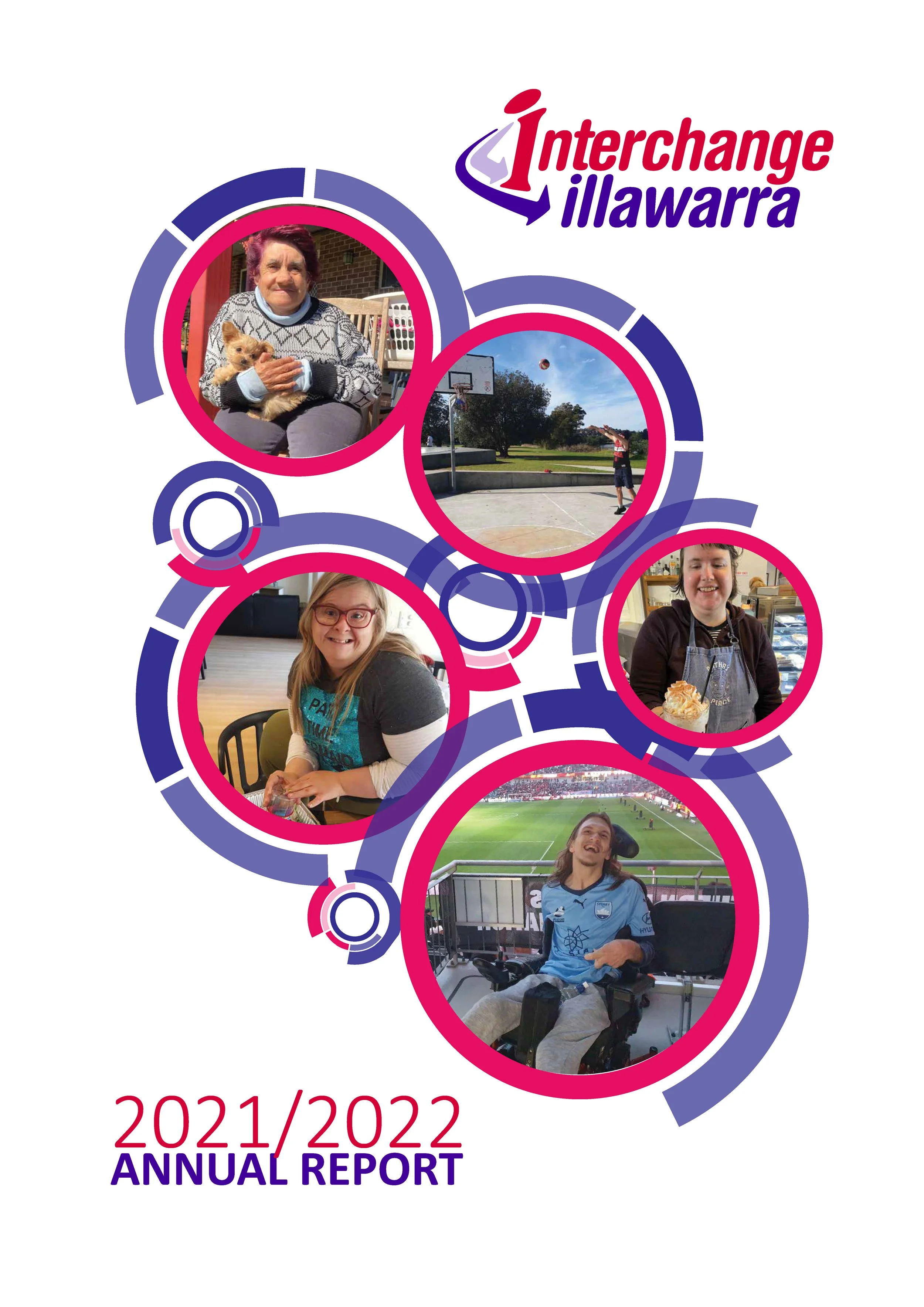 Cover of annual report, 5 small images of particiapnts doing various activities