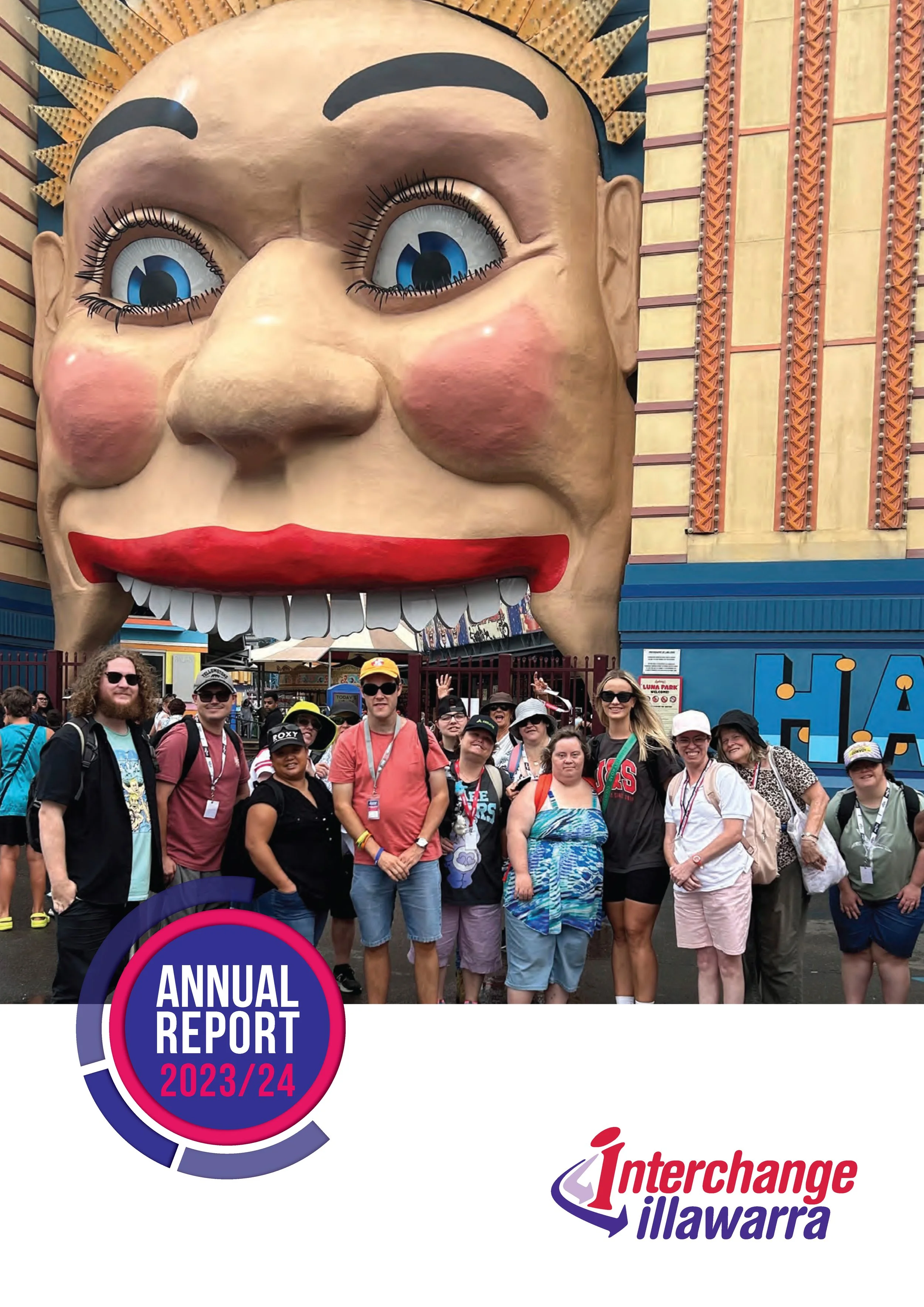 Cover of annual report, a group of people in front of the entrance to Luna Park