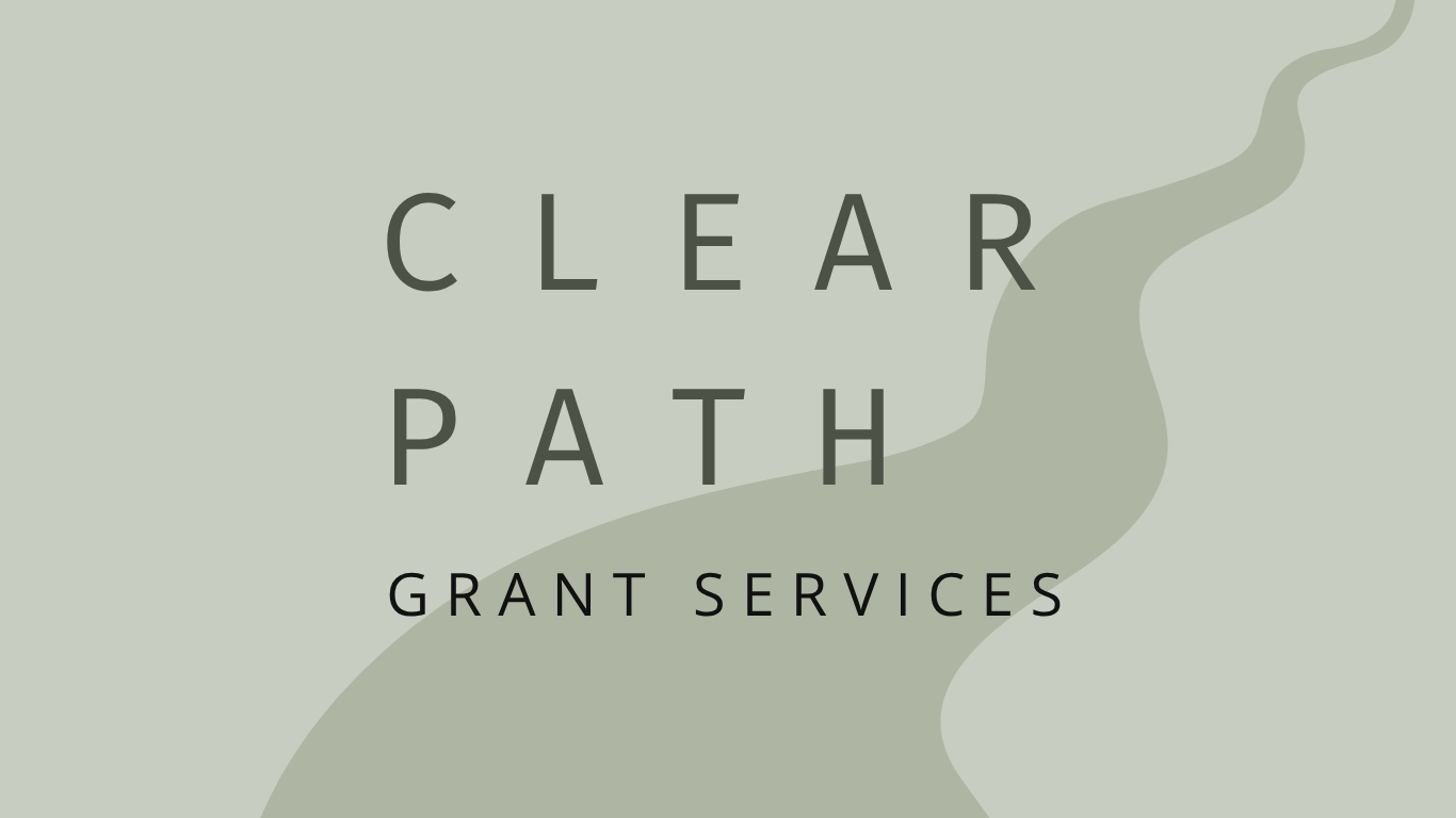 A graphic design with the words 'CLEAR PATH' in large letters and 'GRANT SERVICES' beneath, on a light green background with a wavy, abstract shape.