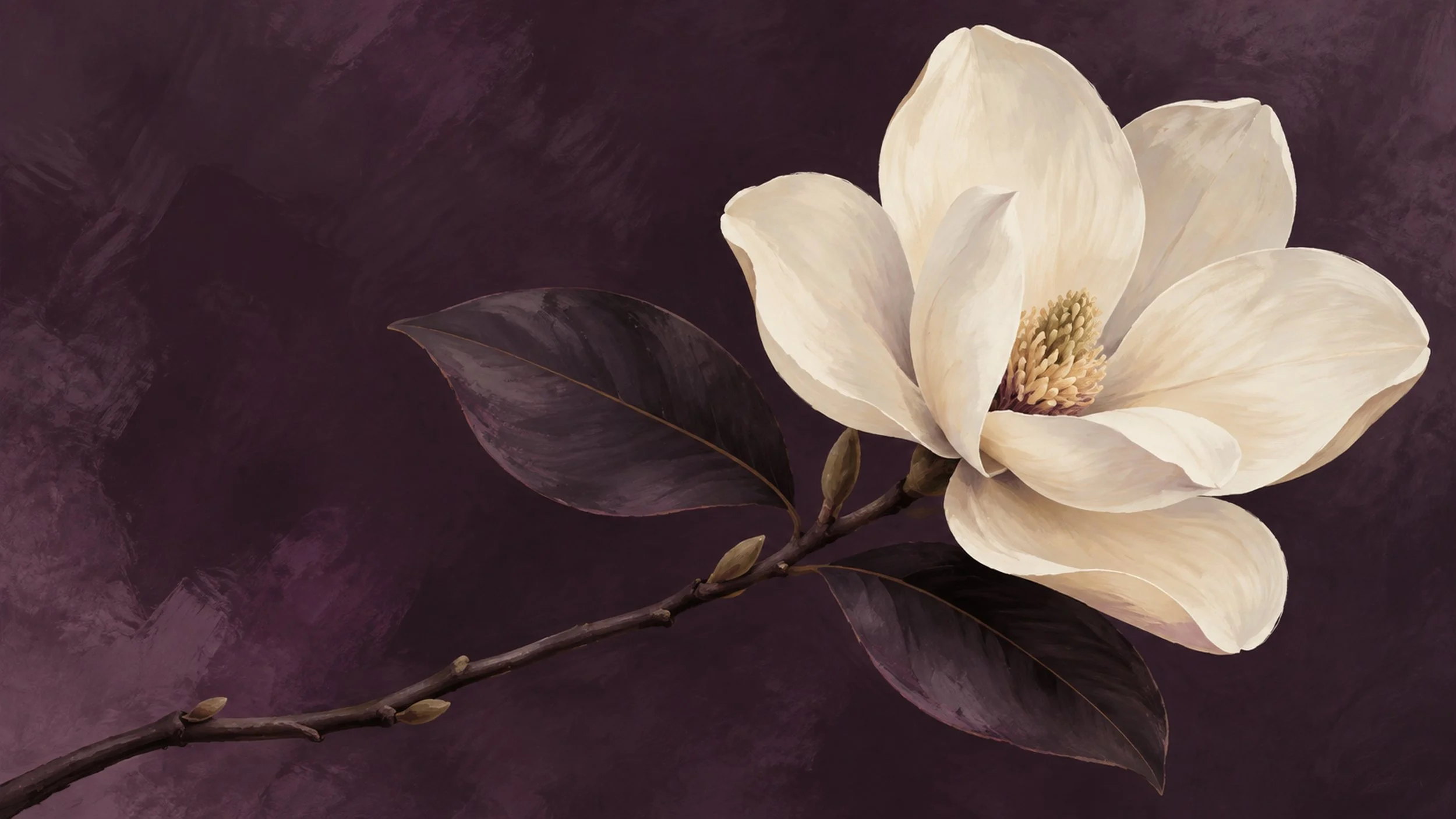 Painterly ivory magnolia against a deep plum background.