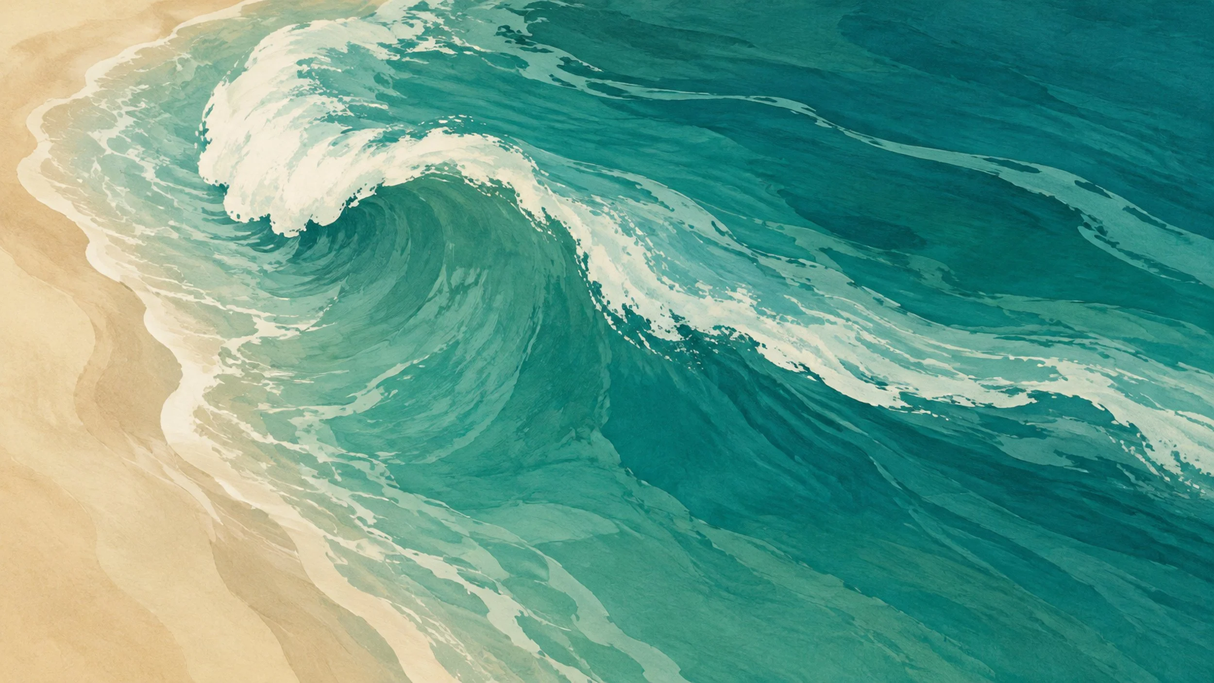 Painterly turquoise ocean curl beside pale sand.