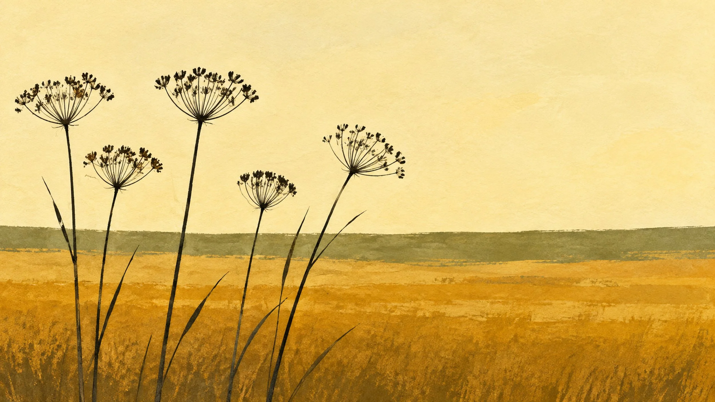 Painterly ochre meadow with dark graceful seed heads.