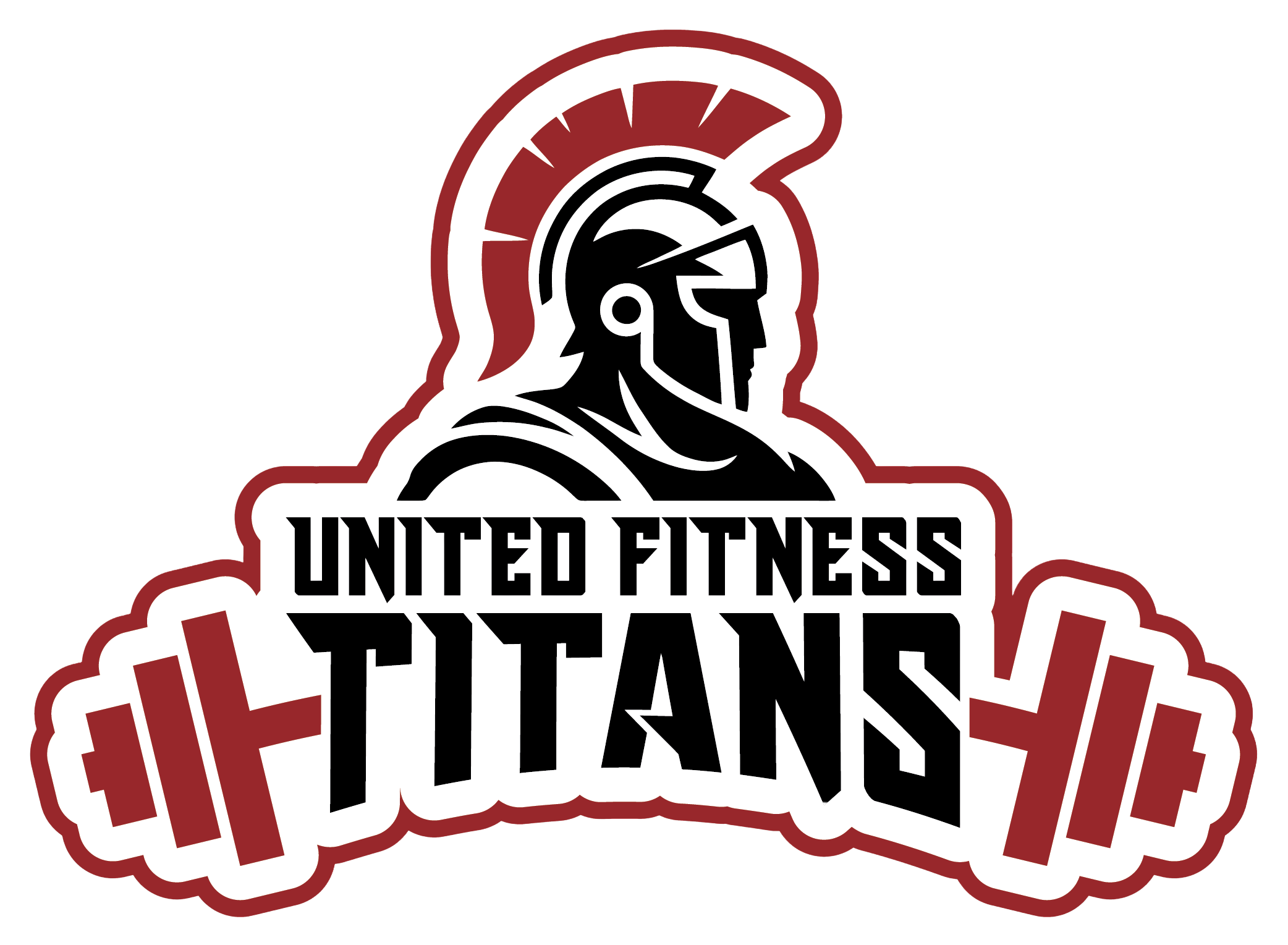 Logo of United Fitness Titans featuring a muscular warrior wearing a helmet with a red plume, holding a barbell with weight plates on both ends.