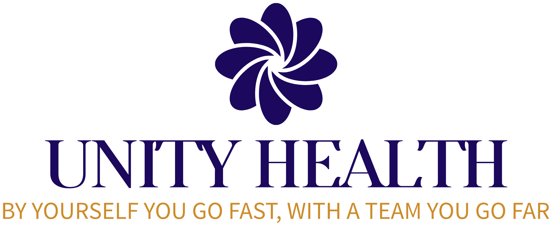 Unity Health logo with a dark blue flower above the name, and the slogan "By yourself you go fast, with a team you go far" written below in gold.