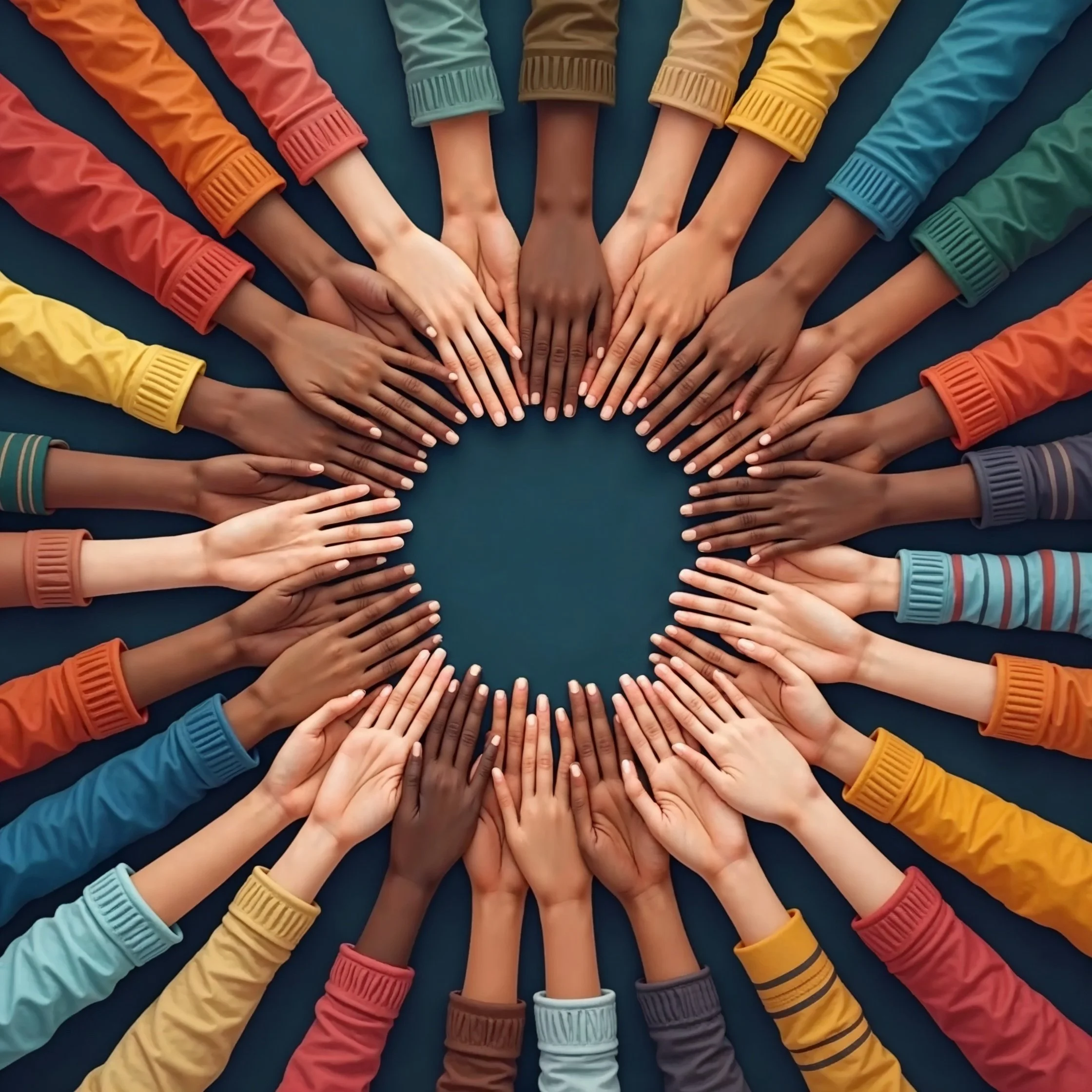 Multiple hands of diverse skin tones arranged in a circle with a teal background, forming a heart shape in the center.