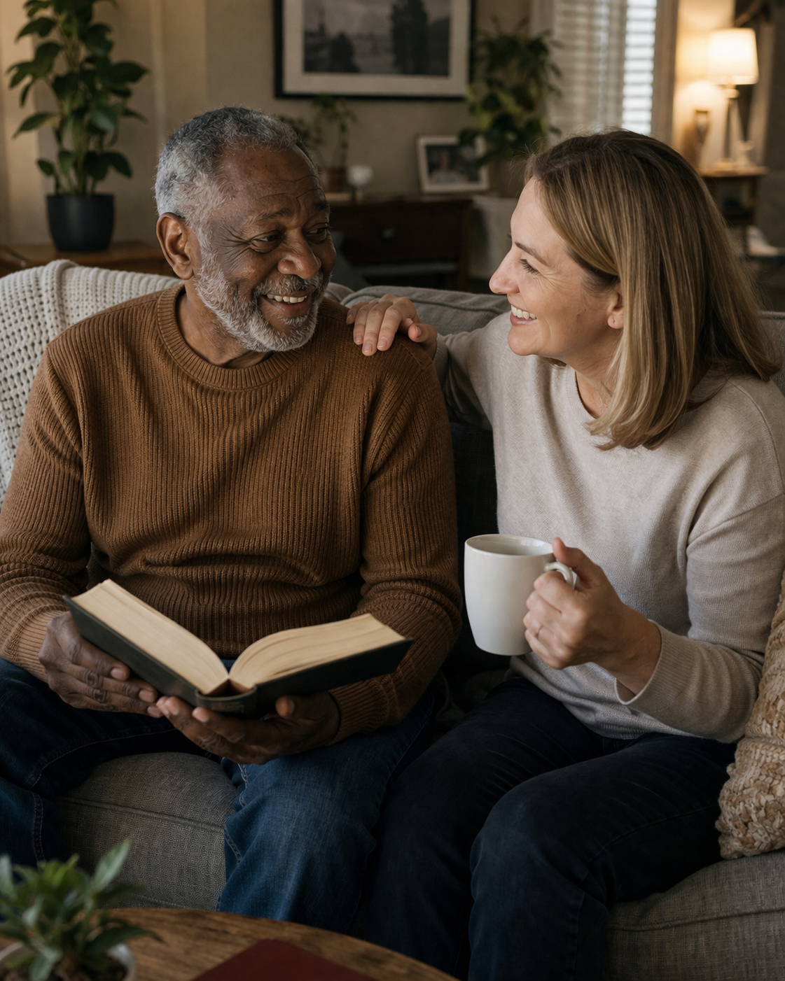 An elderly man and a middle-aged woman sitting on a couch, smiling at each other, with the man holding an open book and the woman holding a mug in her hand, in a cozy living room.