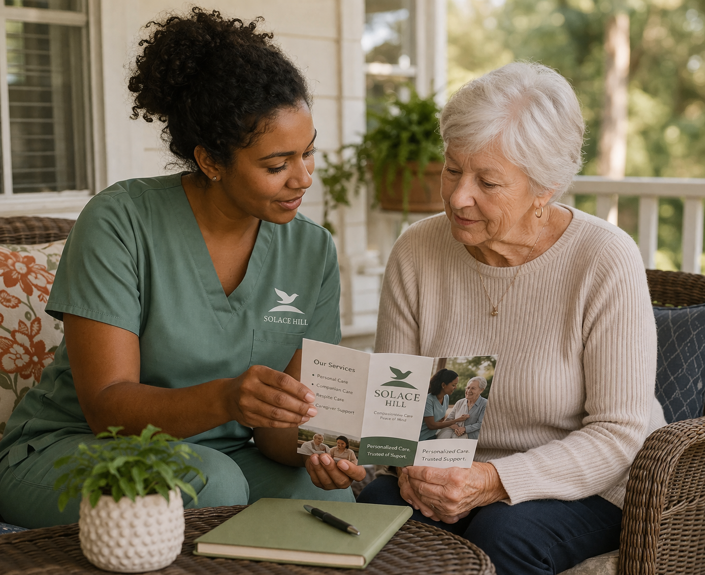 A caregiver in green scrubs shows a brochure to an elderly woman on a porch with trees in the background.