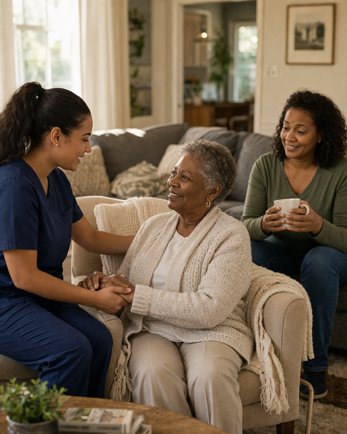 A young female nurse in navy scrubs holding an elderly woman's hands while she sits on a beige armchair, smiling. Another woman with curly hair and a green shirt sits on the couch holding a mug, smiling. The scene takes place in a cozy living room with natural light.