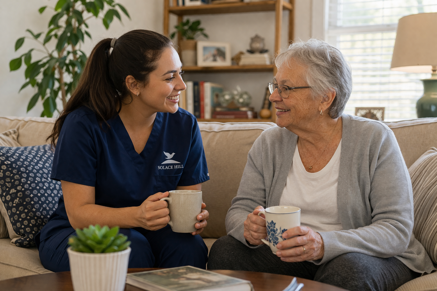 A young woman holding a mug smiling while talking to an elderly woman with gray hair, who is gesturing with her hands, in a cozy living room.