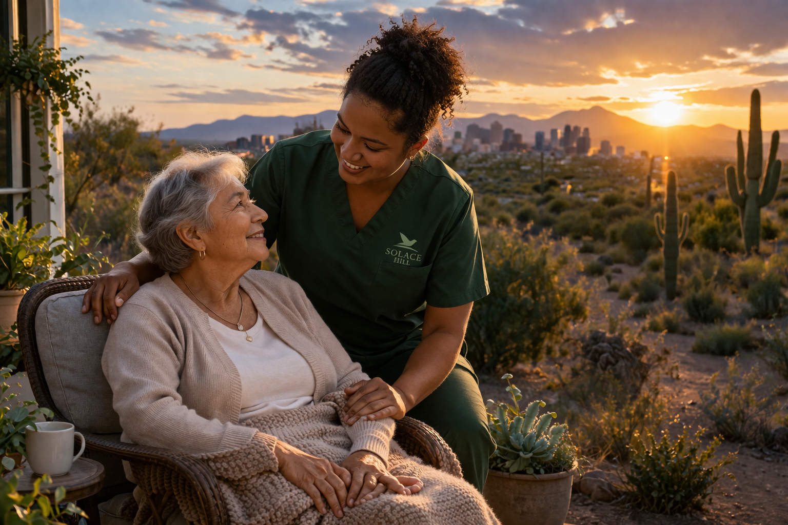 An elderly woman sitting in a patio chair with a blanket, smiling at a caregiver who is leaning over her, in a desert landscape at sunset with cactus and mountains in the background.