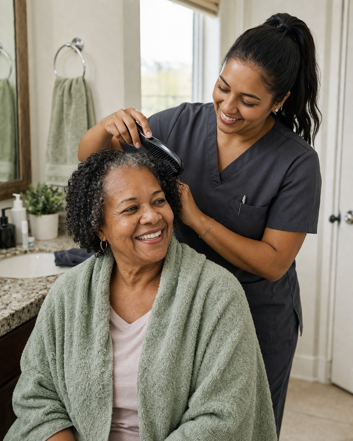 A smiling older woman with curly hair gets her hair combed by a smiling younger woman in a bathroom.