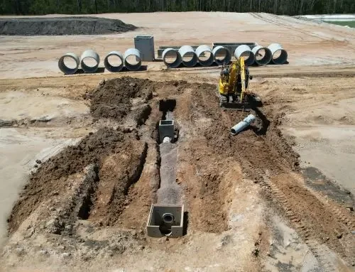 Construction site with large concrete pipes and a backhoe excavator installing underground piping.