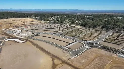 Aerial photograph of Shadforth delivering residential subdivision works at Botanica, featuring roads, drainage and serviced lots.