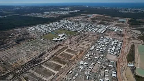 Aerial view of Aura masterplanned community. Houses and bulk earthworks.