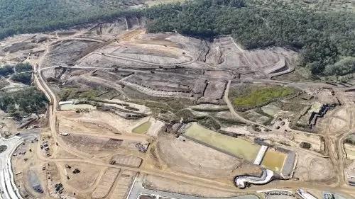 Aerial view of earthworks under construction at the Botanica residential subdivision in Deebing Heights, Queensland.
