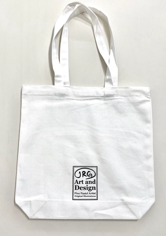 Reusable white grocery tote bags featuring multiple designs, including a smiling sunflower and flying bean artwork. backside logo.