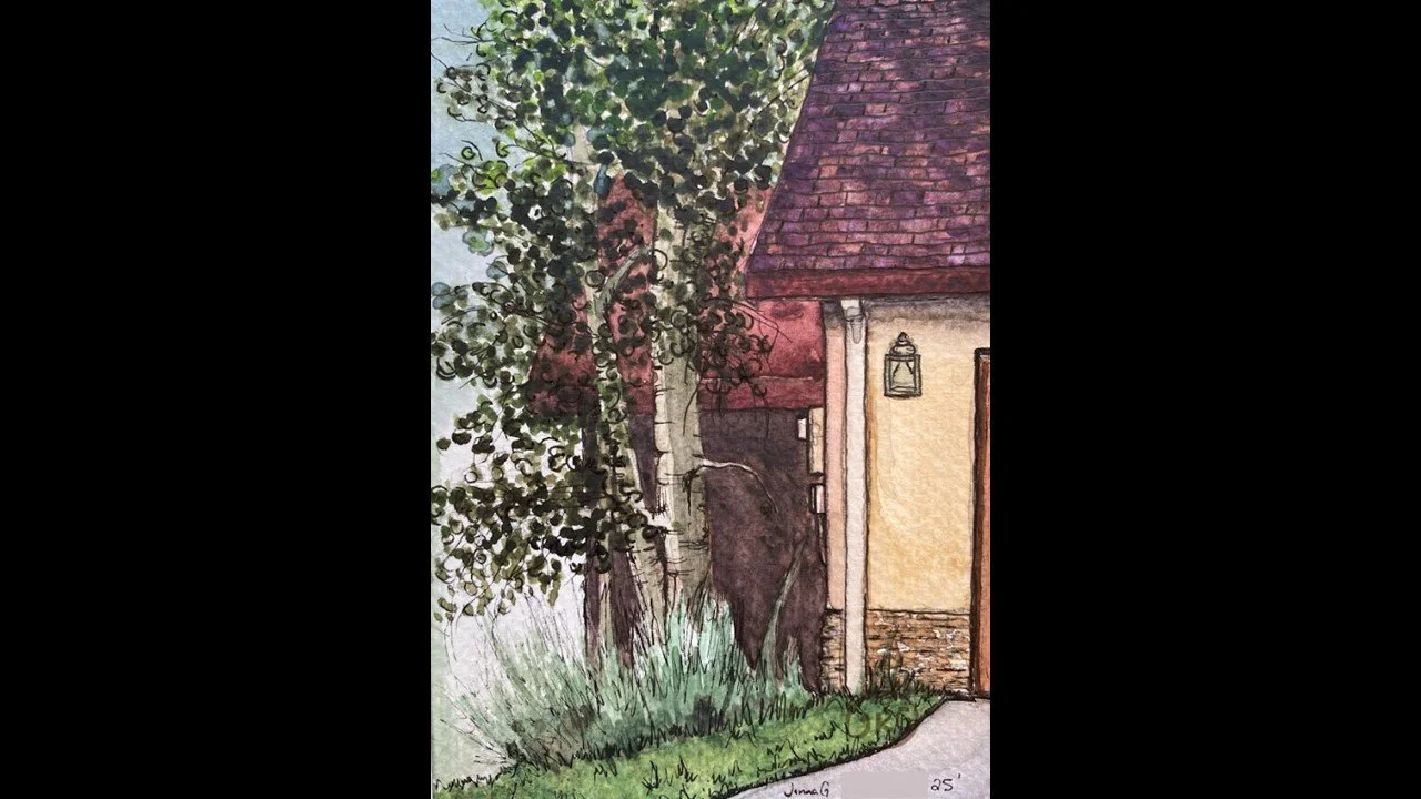 Watercolor painting of an aspen tree beside nearby houses in a neighborhood.