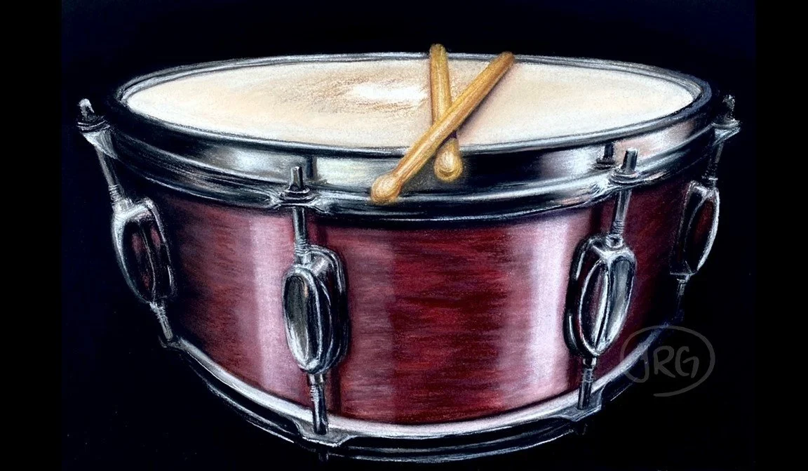 Detailed pastel painting of a cherry wood snare drum with metallic textures and strong perspective.