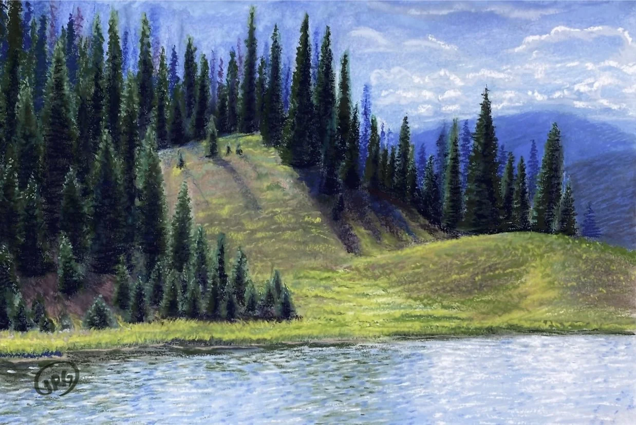 Pastel landscape of pine-covered hills beside a calm lake with distant blue mountains.