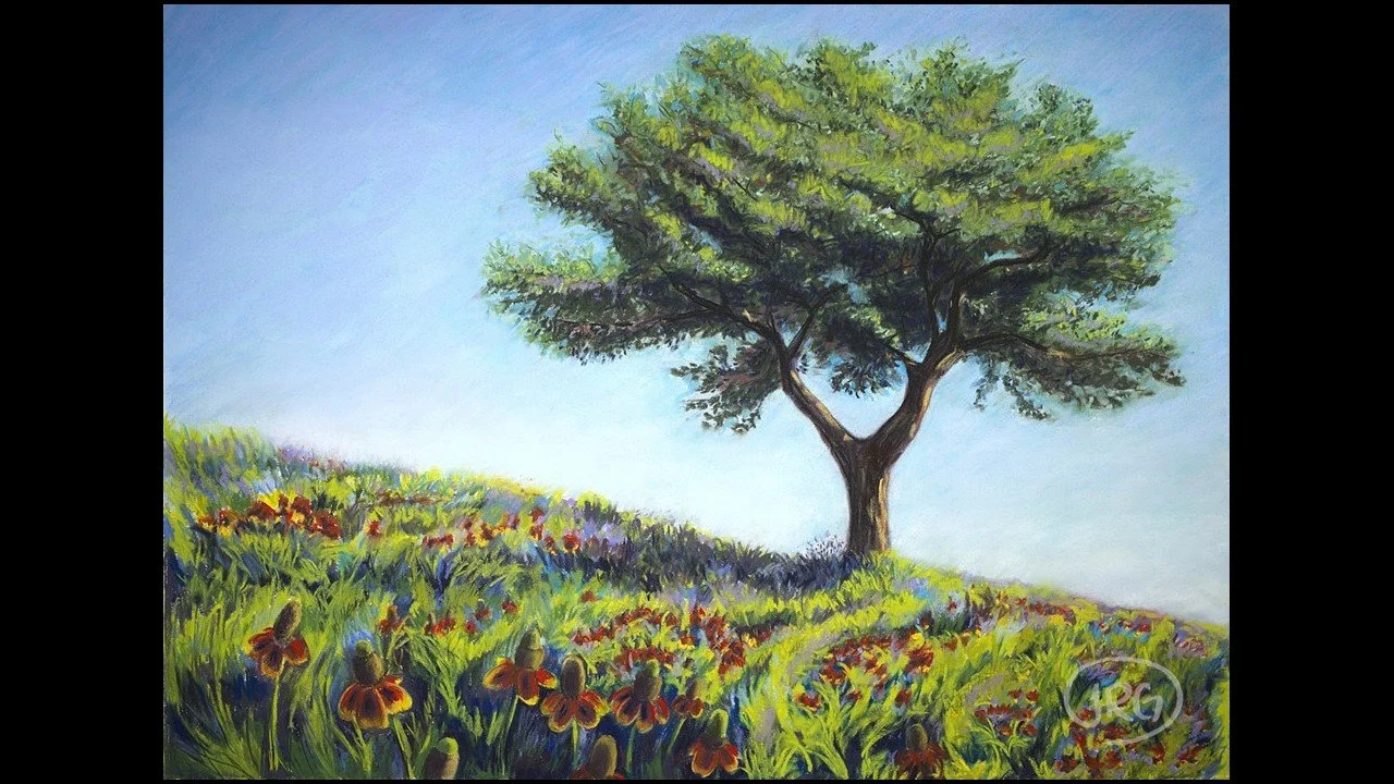 Soft pastel painting of a single tree standing on a wildflower-filled hillside under an expansive blue sky.