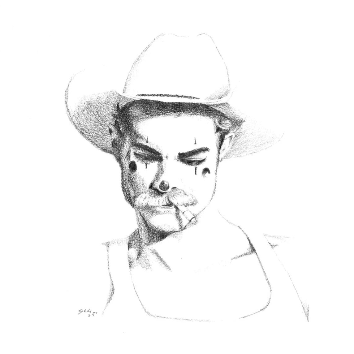 "Rodeo Clown" 2025. Pencil on paper