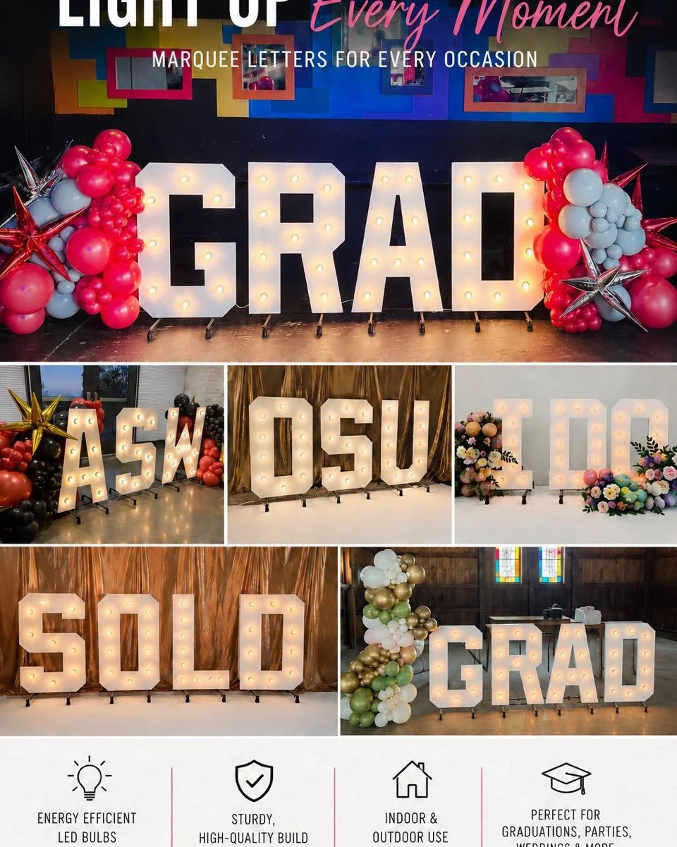If you&rsquo;re planning a graduation party, birthday, shower, or event this year&hellip; these are SUCH a fun statement piece ✨

Our light-up marquee letters are available as standalone rentals or paired with balloon styling for the full Luxe treatm