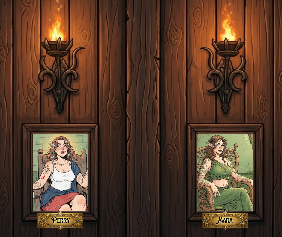 Two portraits of fantasy-style women in wooden frames on a wall, illuminated by wall sconces with flames. The left portrait is of Perry, a woman with long wavy hair, tattoos, a white top, and a blue jacket. The right portrait is of Sara, a woman with tattoos, elf-like ears, glasses, and long brown hair, wearing a green dress.