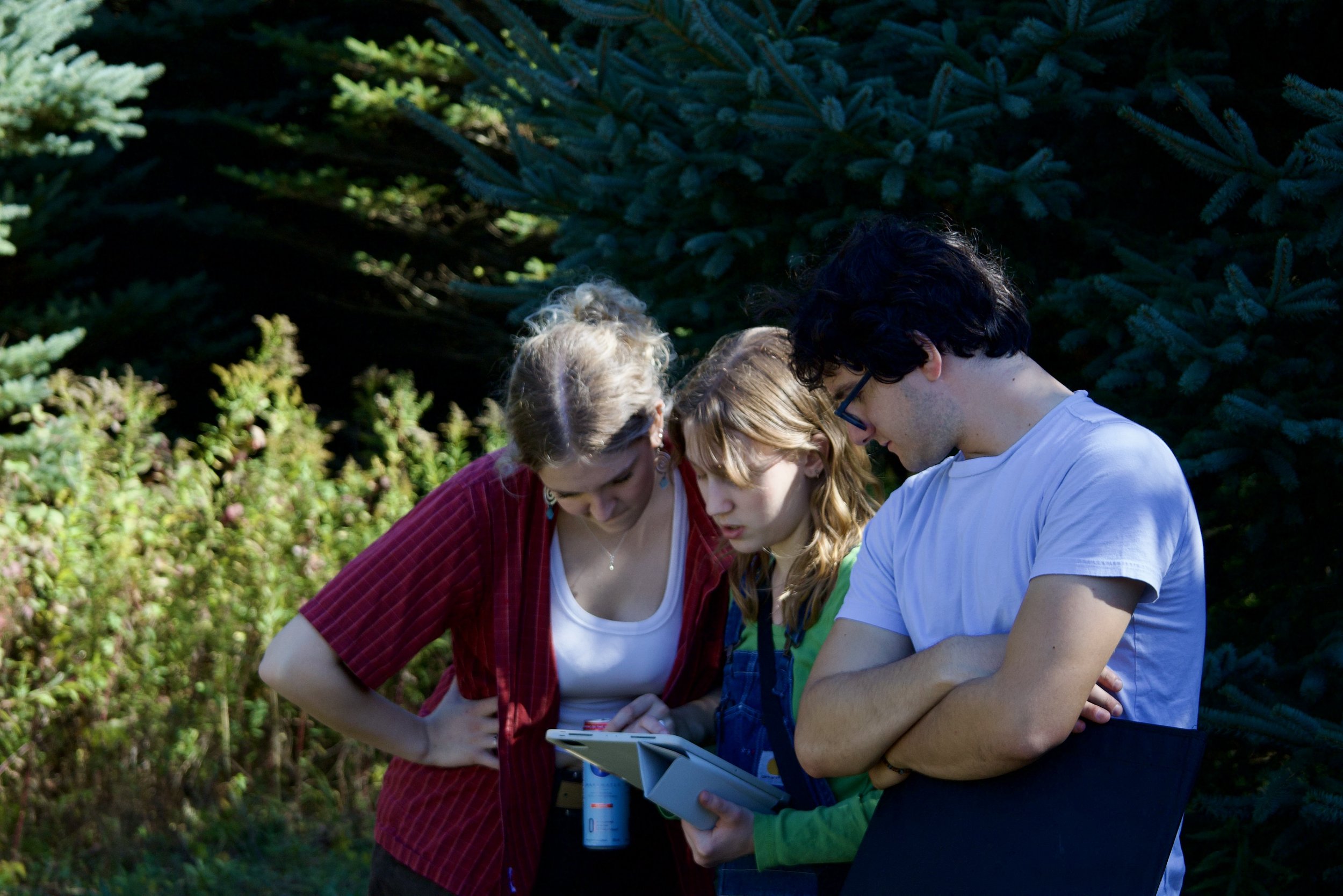 Three people, two women and one man, examine something on a tablet outdoors surrounded by trees and bushes.