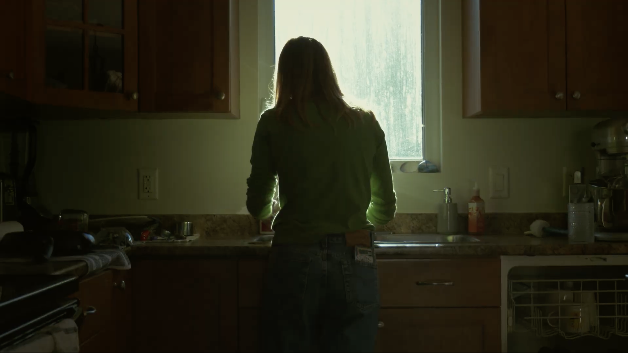 A person standing at a kitchen sink looking out the window during the daytime.