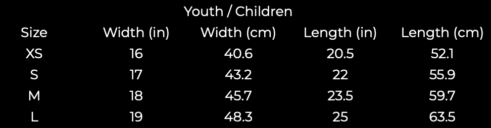 Size chart for youth/children clothing showing measurements in inches and centimeters for sizes XS, S, M, and L.