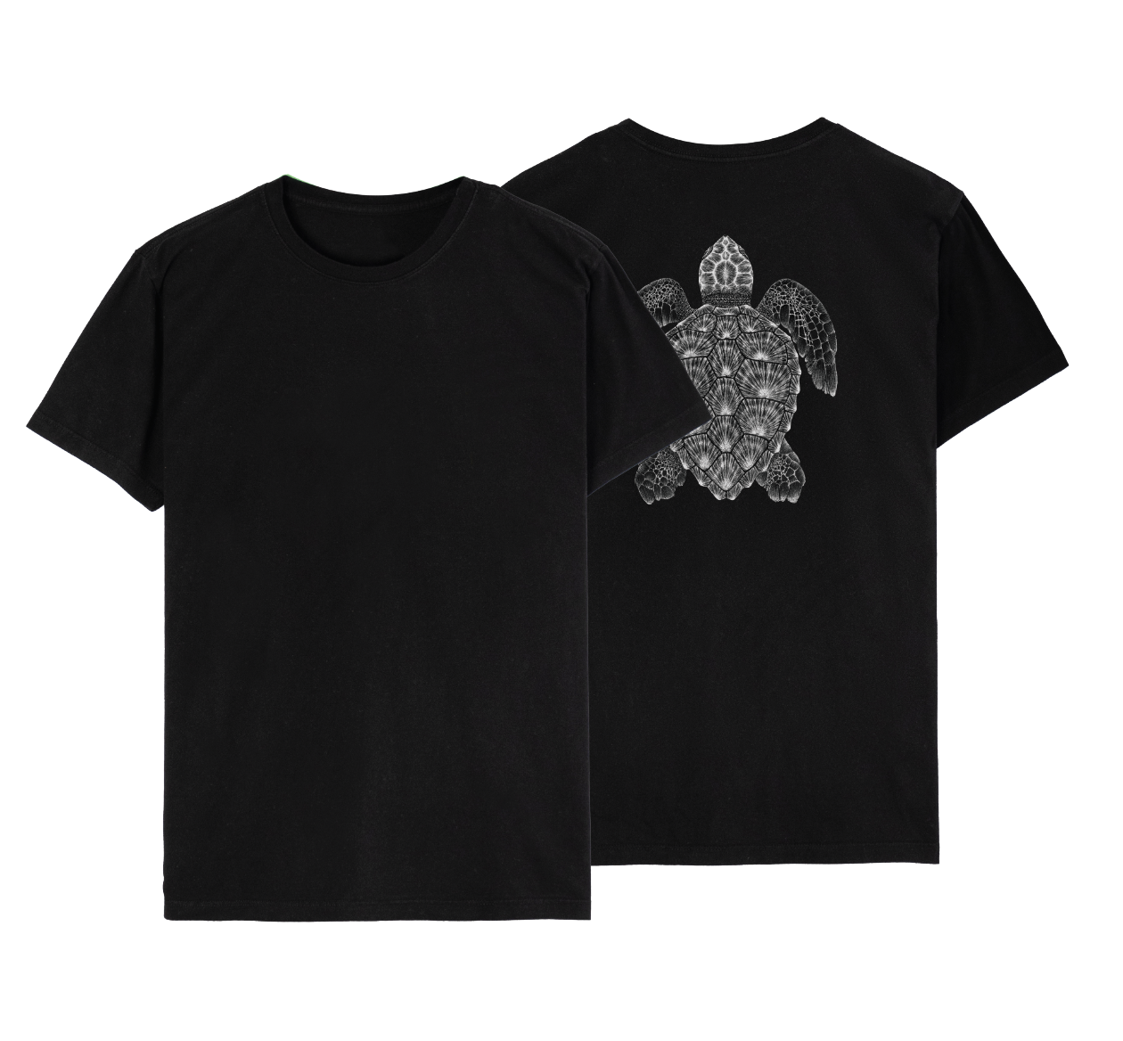 Black t-shirt with a white turtle graphic on the back.