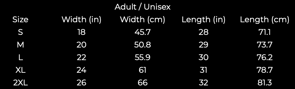 Size chart for adult/unisex clothing with measurements in inches and centimeters, including sizes S through 2XL.