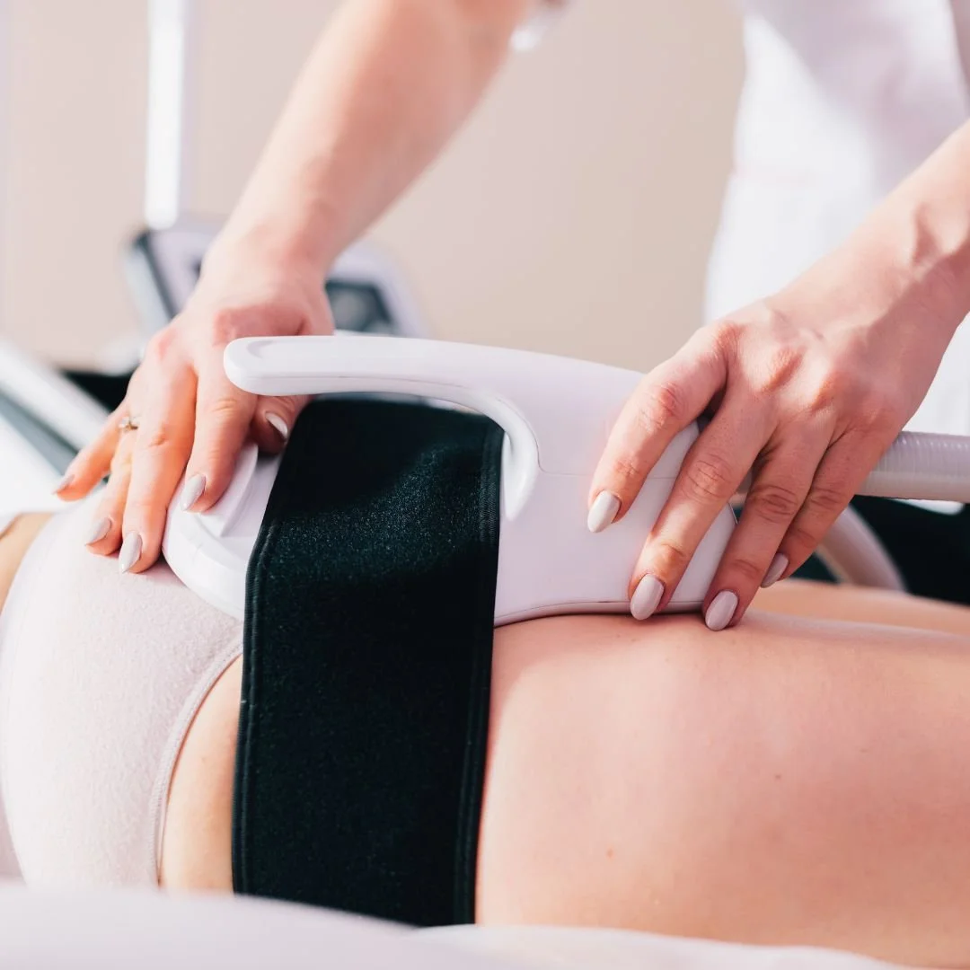 EMSculpt treatment with radiofrequency for skin firmness, collagen production, tighten skin, stubborn fat on tummy and legs, build muscle and burn fat easy