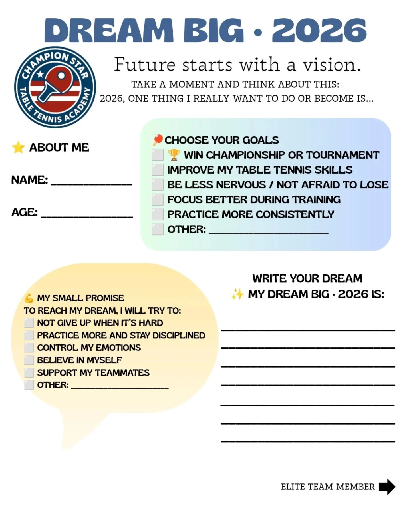 ✨ Dream Big 2026! ✨

Every great athlete&rsquo;s journey starts with a goal. 🏆 To kick off the year, we&rsquo;re asking all our players and parents to sit down together and fill out our Goal Setting Paper! 📝

This is more than just a list&mdash;it&