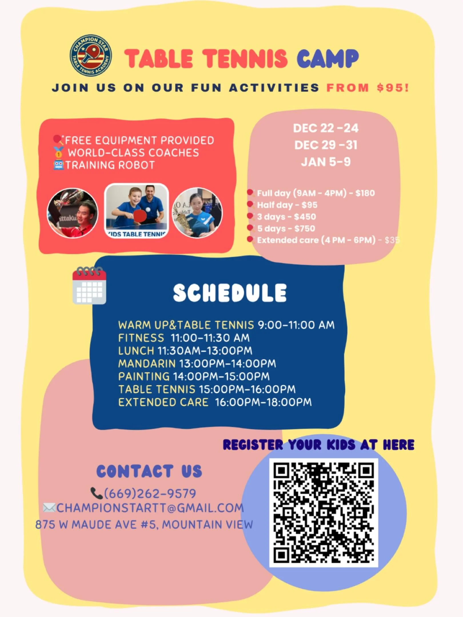 🏓❄️ WINTER CAMP IS HERE! ❄️🔥

Champion Star Table Tennis Academy &ndash; Winter Camp Registration NOW OPEN!

📅 December &ndash; January (multiple weeks)
👦👧 For kids ages 4+
🏓 Levels from Beginner &rarr; Advanced

What&rsquo;s Included:
✨ Profes