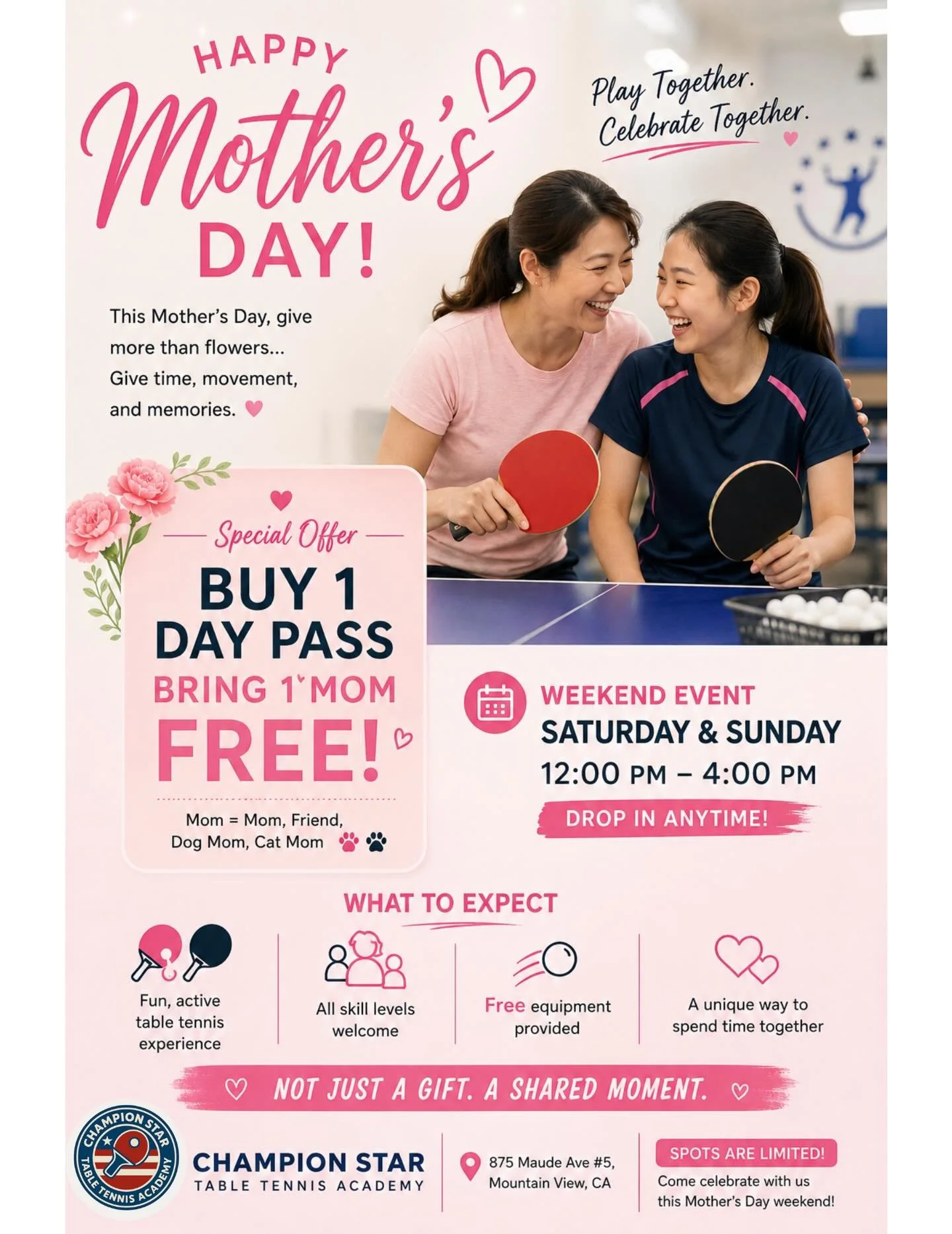 This Mother&rsquo;s Day, we&rsquo;re doing something different 💐
Not just dinner.
Not just flowers.
👉 A shared experience. 🏓
Bring someone you care about&mdash;
your mom, your best friend,
or even your dog/cat mom energy 🐶🐱
✨ Buy 1 Day Pass
✨ Br