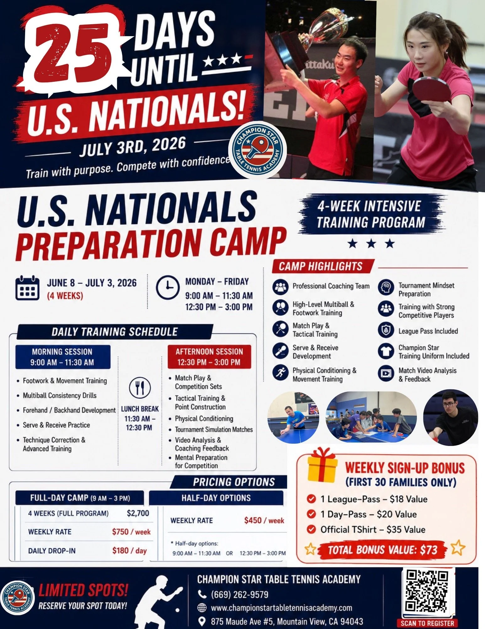 🏓 37 DAYS UNTIL U.S. NATIONALS 🇺🇸
Summer training starts June 8th 🔥
This year&rsquo;s U.S. Nationals Preparation Camp is designed for serious players who want to train at a higher level before Nationals.
Our daily schedule and training structure 