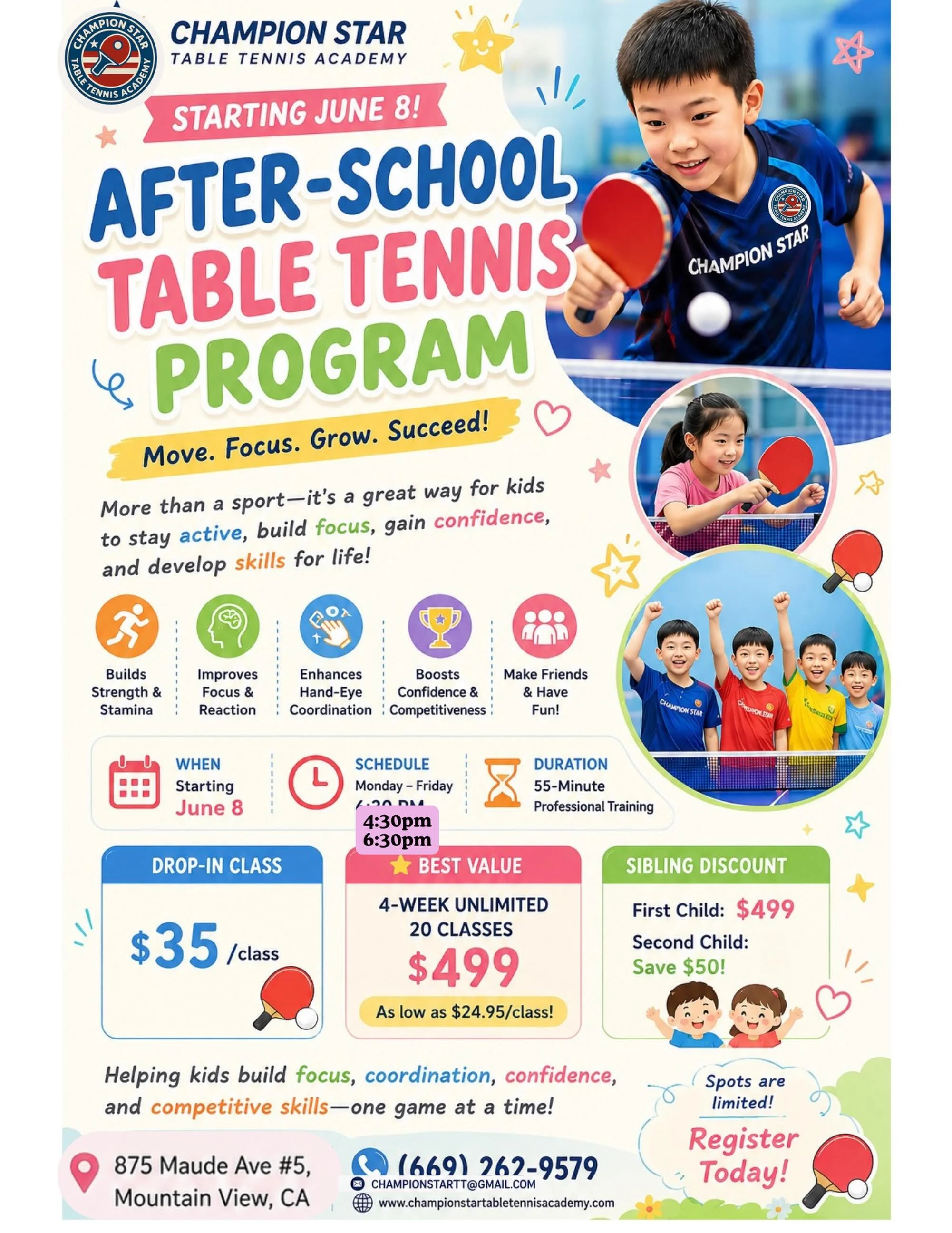 🏓🌟 After-School Table Tennis Fun Program! 🌟🏓
🎉 Learn &bull; Play &bull; Grow &bull; Have FUN! 🎉

Hey kids!! 😆
After school just got way more exciting 💥
Come join us for table tennis training where learning feels like playing!

🕡 Monday &ndas