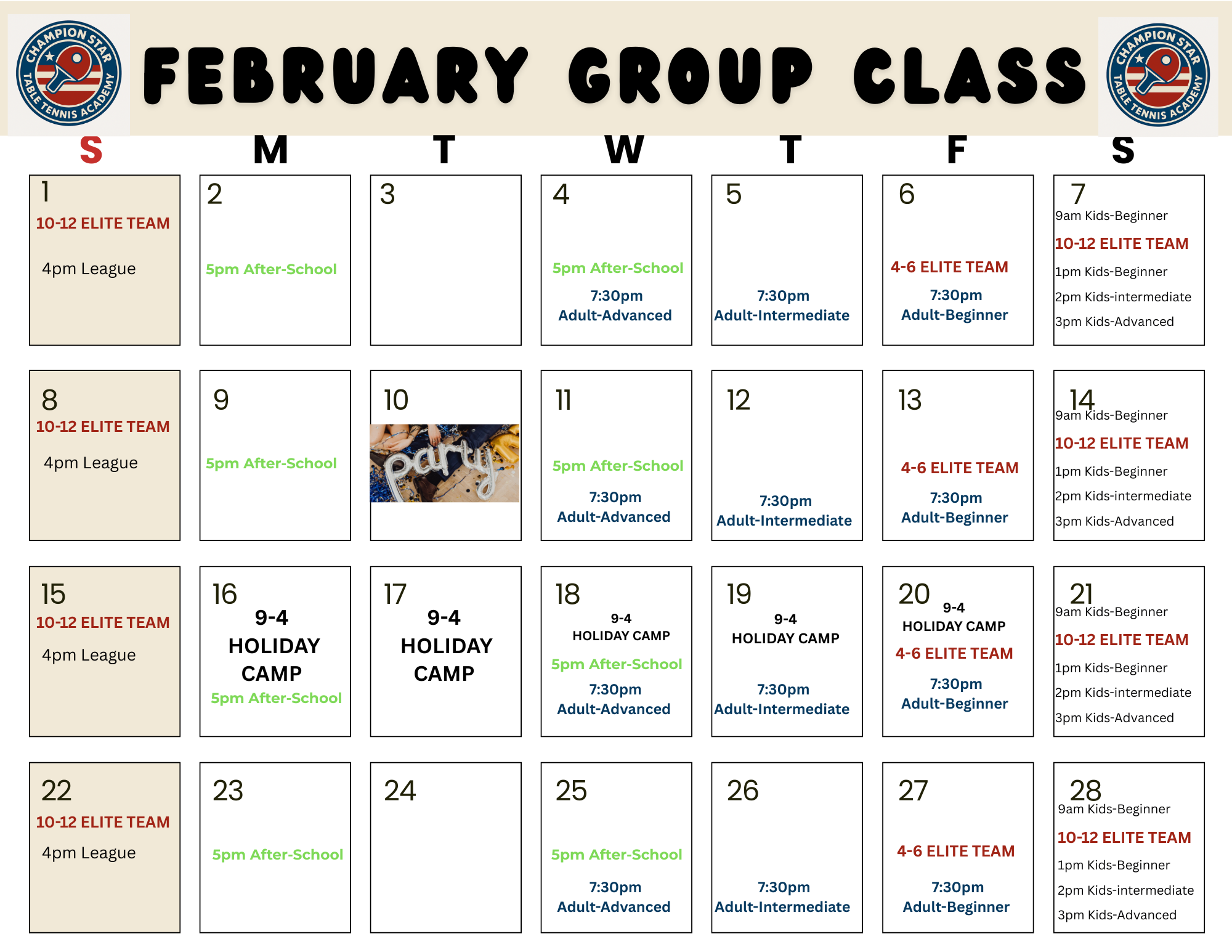February group class calendar for a tennis academy with scheduled leagues, adult classes, after-school sessions, holiday camps, and beginner programs, including dates, times, and age groups.