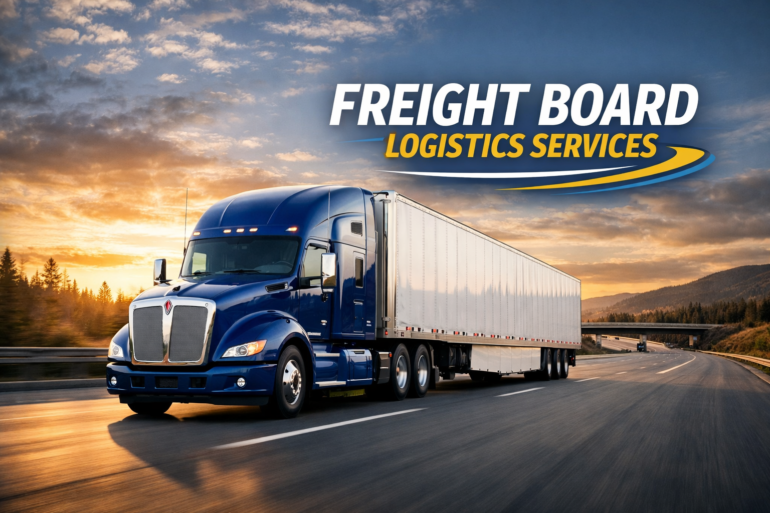 A large blue semi-truck driving on a highway during sunset with mountains and trees in the background, and text that reads 'Freight Board Logistics Services.'