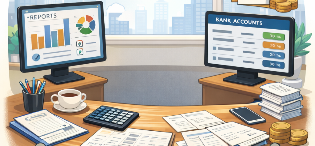 Office desk with two computer monitors displaying financial reports and bank accounts, papers, a calculator, smartphone, coffee, pen holder with pens, and stacks of documents and coins.