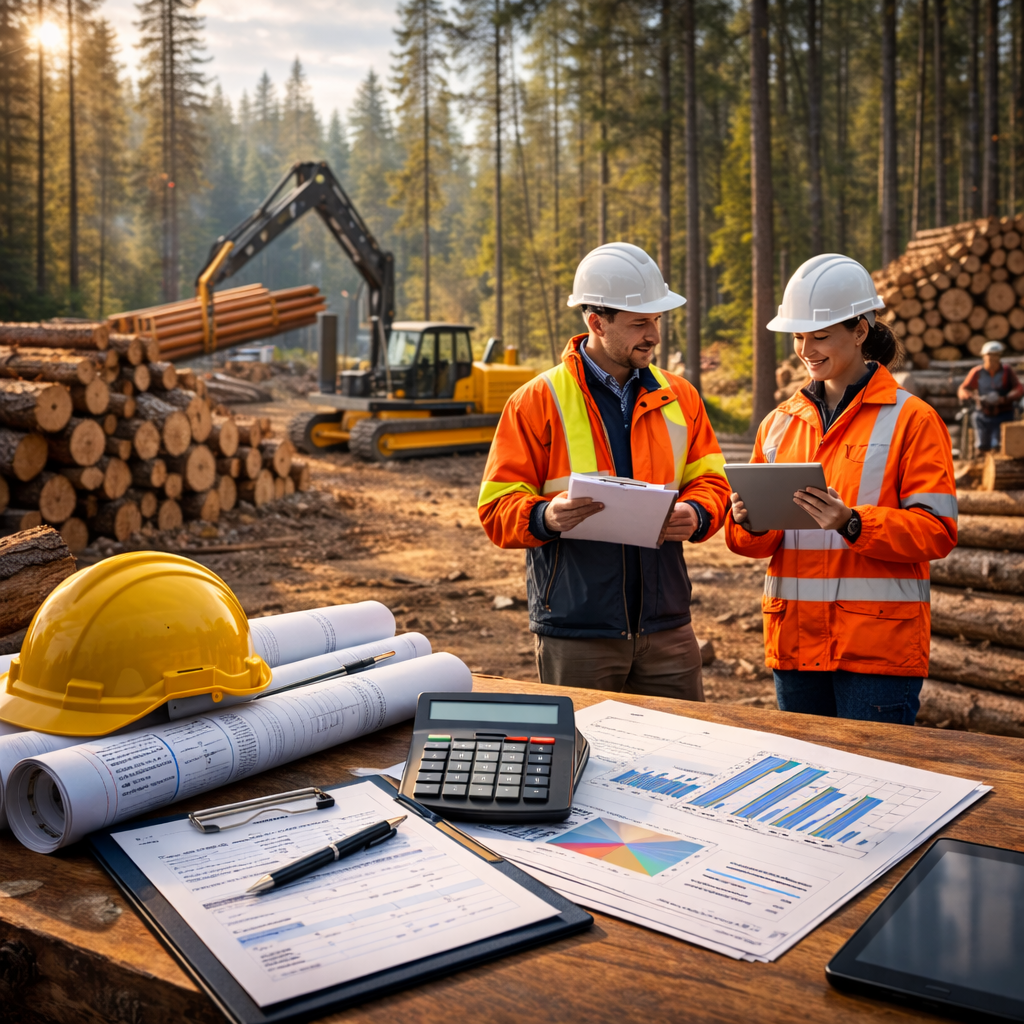 Two construction workers in orange safety jackets and white helmets talking at a logging site with stacks of logs and a yellow excavator in the background. A table with blueprints, documents, a calculator, a yellow safety helmet, and a tablet is in the foreground.
