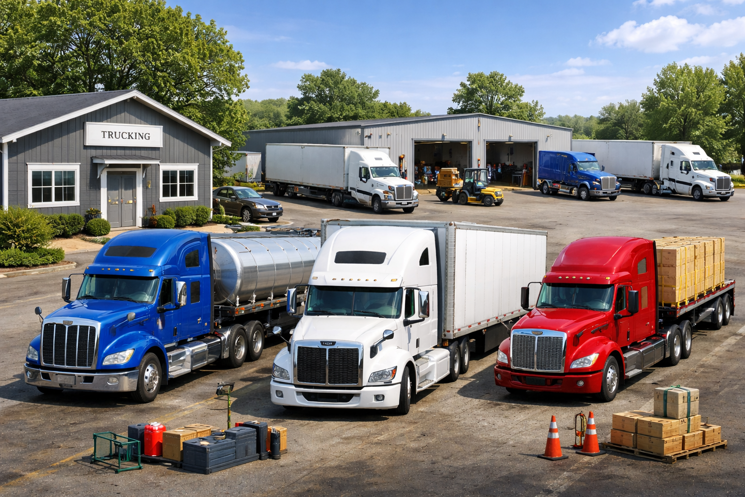 Three semi-trucks parked in front of a warehouse, with delivery boxes and cones nearby, and a smaller building labeled 'Trucking' in the background.